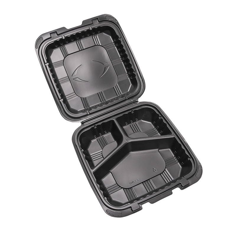 Caja de comidas desechables de pp con tapa y cierre, caja de comida rápida cuadrada y negra