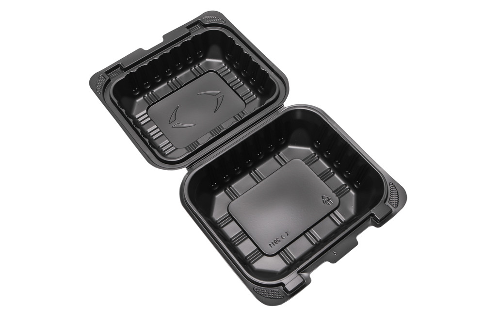 Caja de comidas desechables de pp con tapa y cierre, caja de comida rápida cuadrada y negra